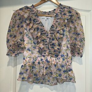 Endless Rose - Floral Chiffon Ruffle Top with Sheer Sleeves